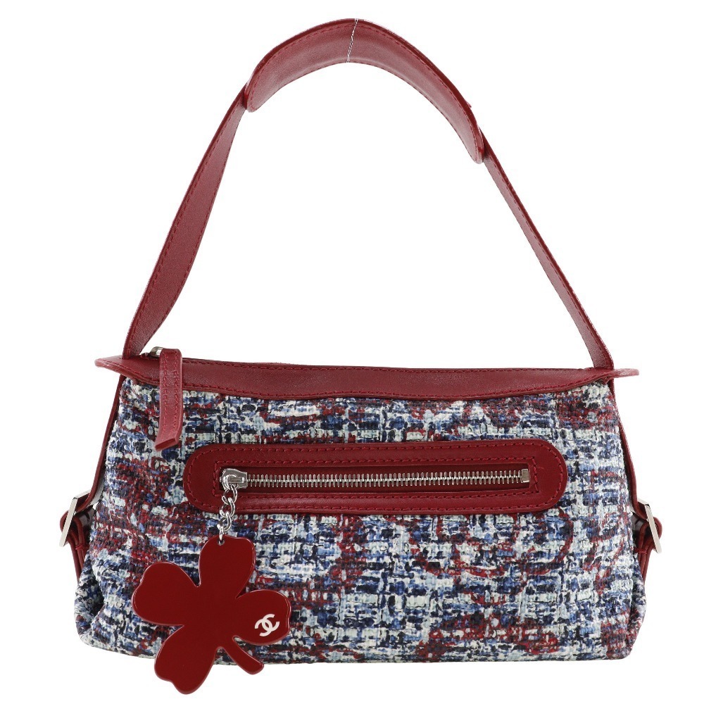 CHANEL One Shoulder Bag Clover Charm Tweed Red Belt